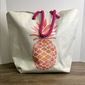 Canvas Pineapple Beach Tote – Pink Rope Handles – Large Summer Bag